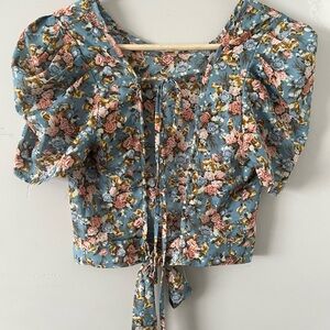 SHEIN Floral Puff Sleeve Blouse - Blue and Pink